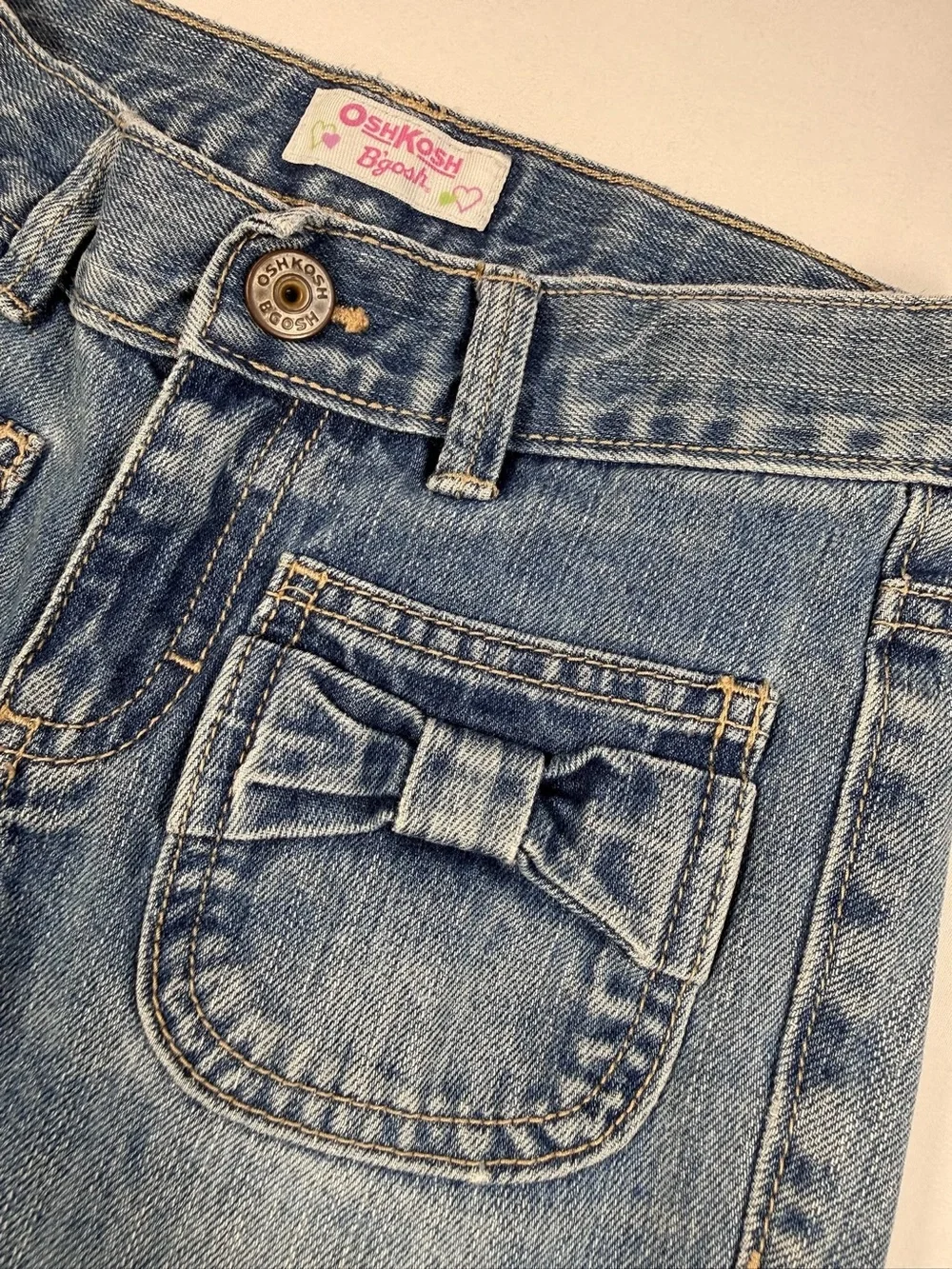 VINTAGE OSHKOSH B’GOSH Girls 7 2000s Embroidered Floral Bow Pocket Jeans Y2K‎